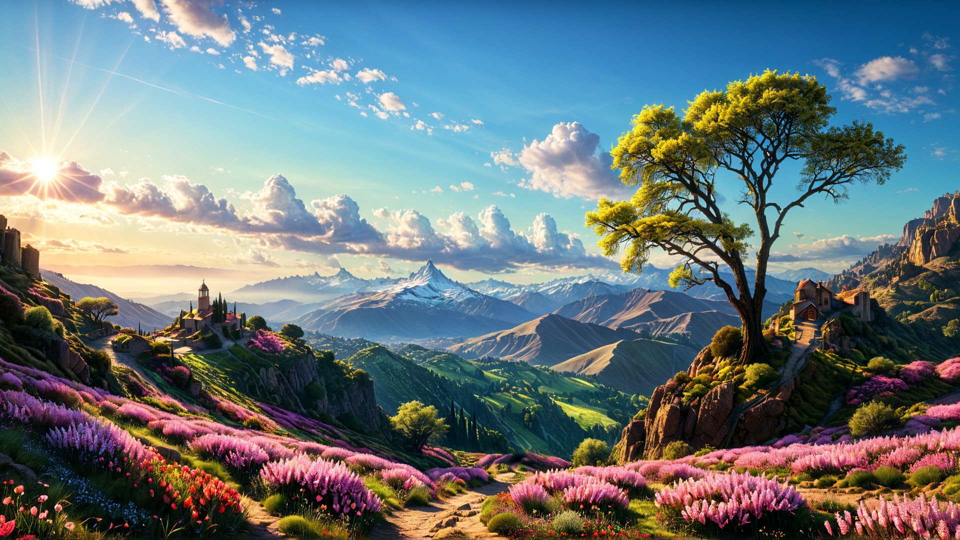 AI generated wallpaper featuring mountains, tree, flowers, village, sun
