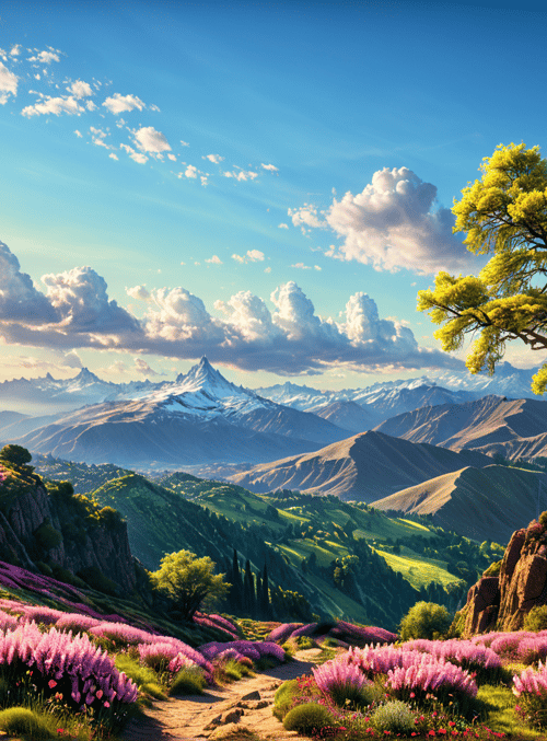 mountains, tree, flowers, village, sun