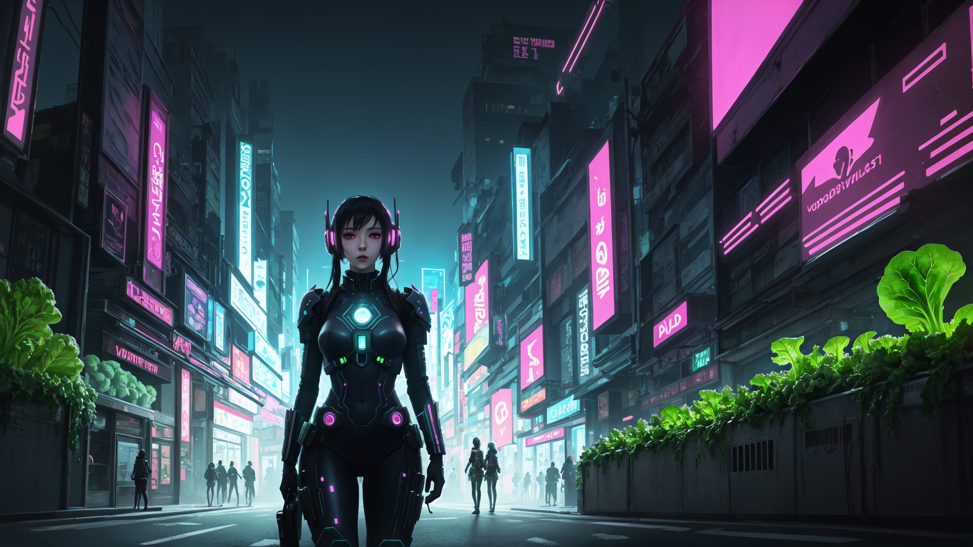 AI generated wallpaper featuring cyborg, neon, city, street, signs, plants, people, robot, urban, futuristic
