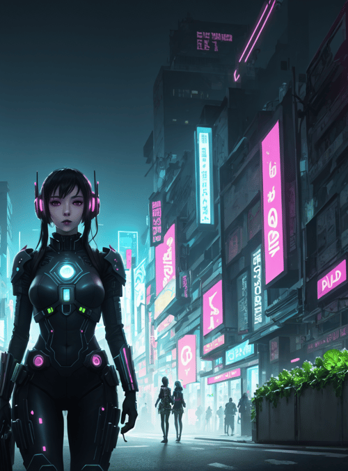 cyborg, neon, city, street, signs, plants, people, robot, urban, futuristic