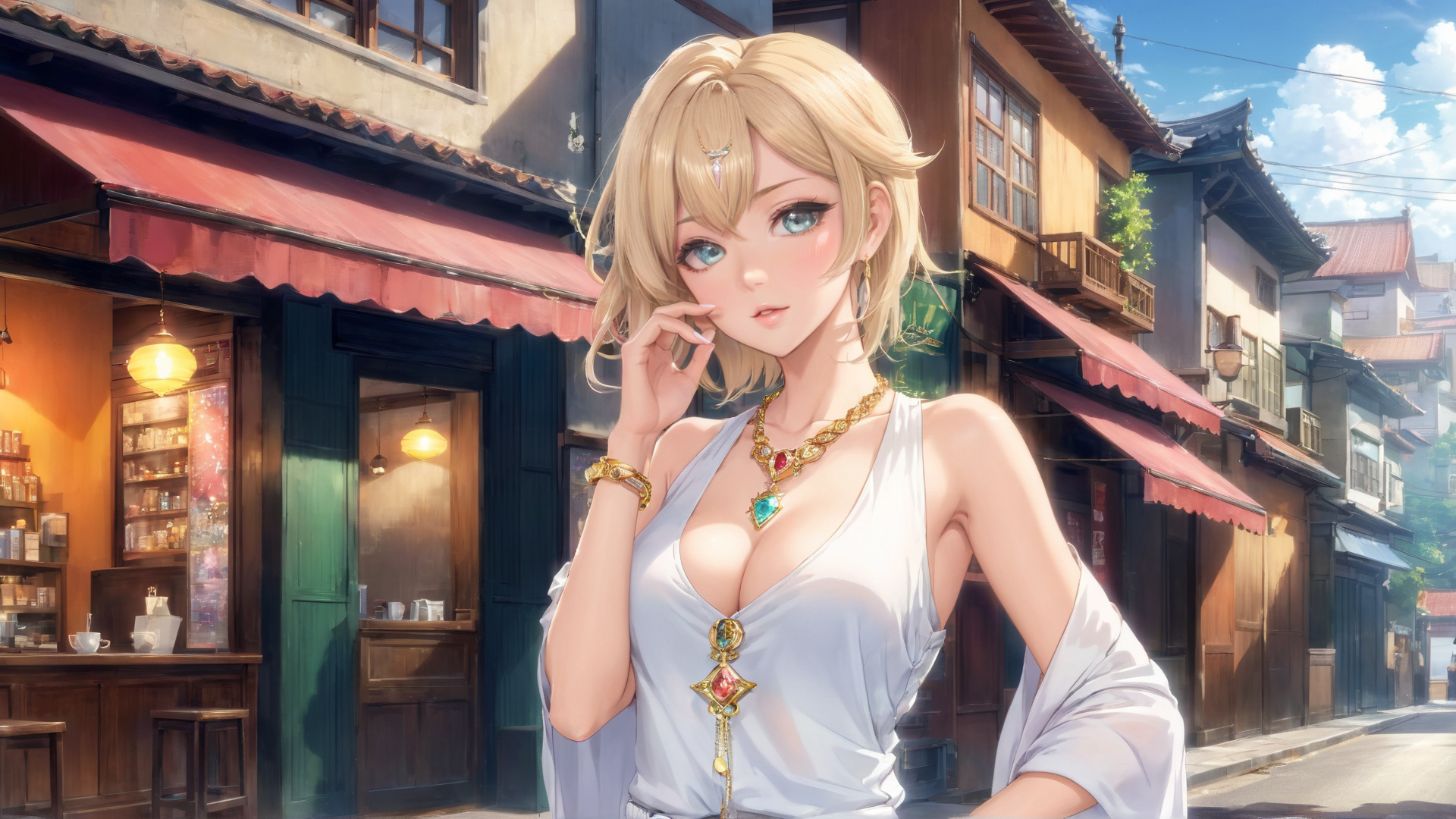AI generated wallpaper featuring woman, street, shop