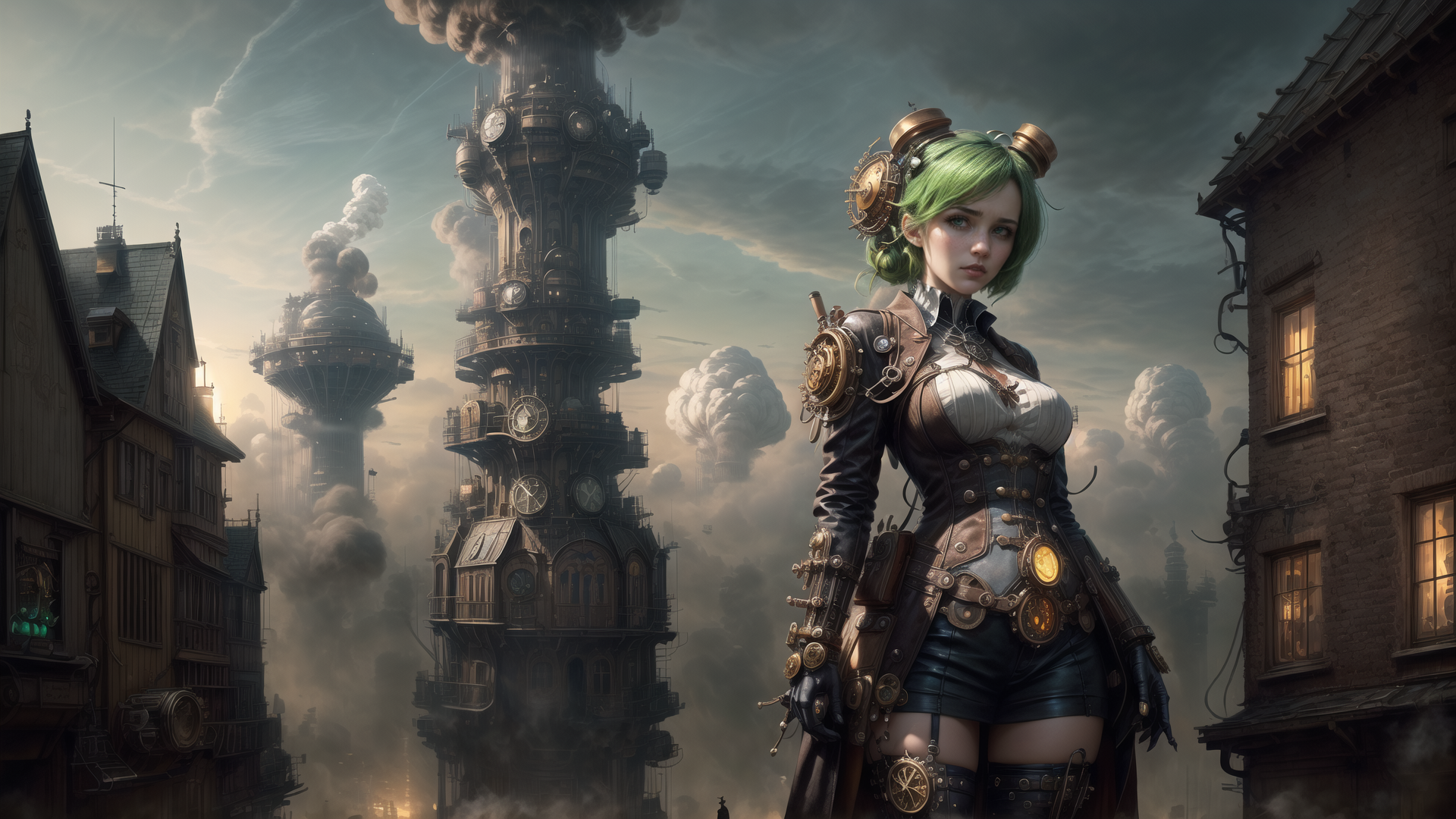 AI generated wallpaper featuring woman, steampunk, cityscape