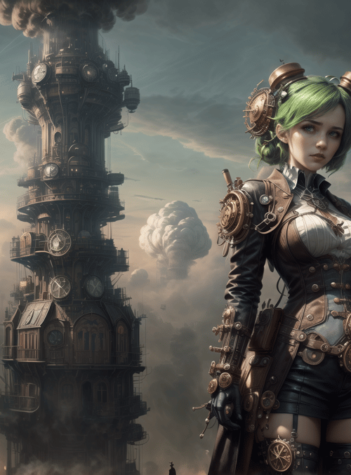 woman, steampunk, cityscape