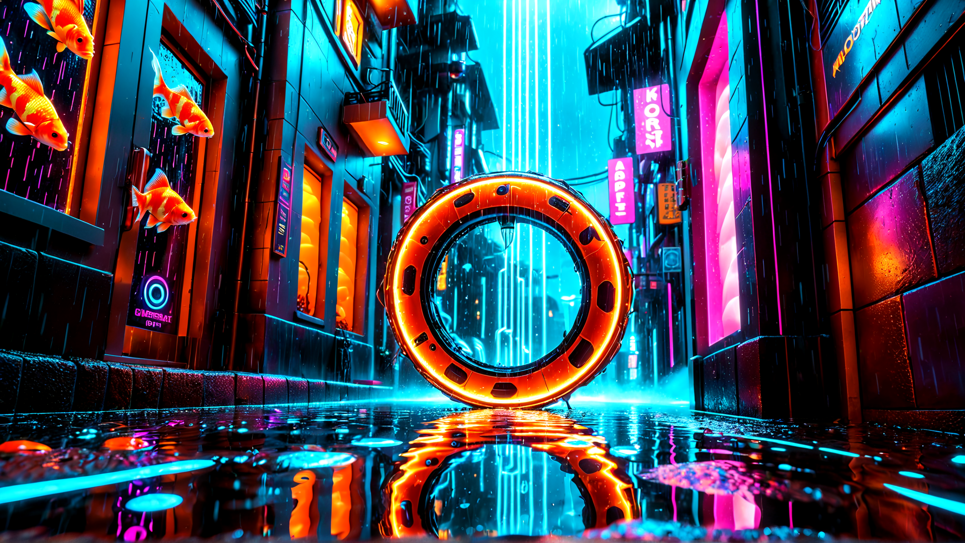 AI generated wallpaper featuring ring, fish, street, neon, building, sign, rain, reflection, city, window