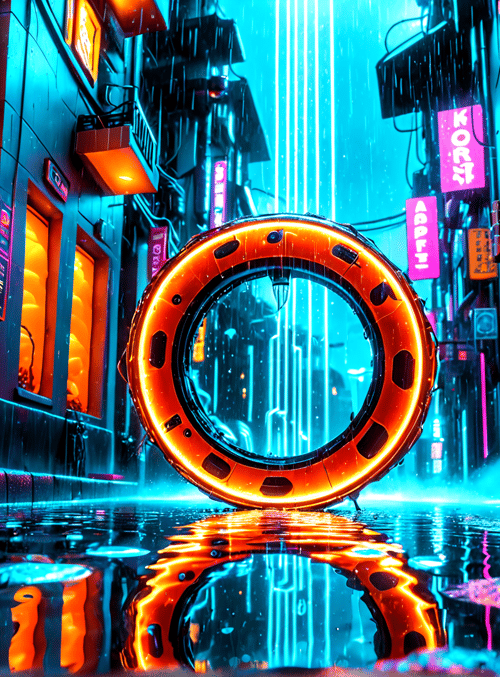 ring, fish, street, neon, building, sign, rain, reflection, city, window