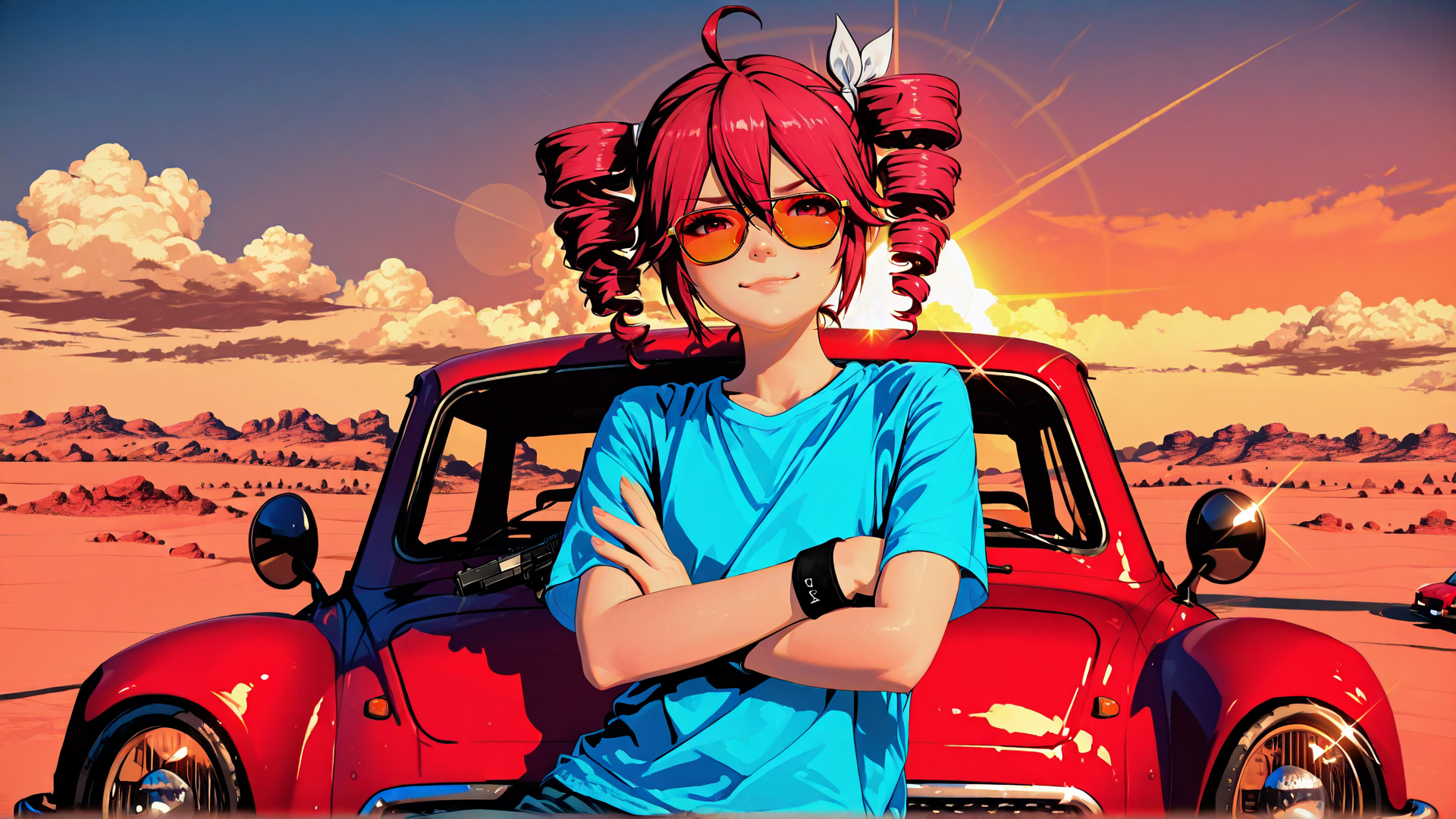 AI generated wallpaper featuring woman, car, desert, sun, cloud