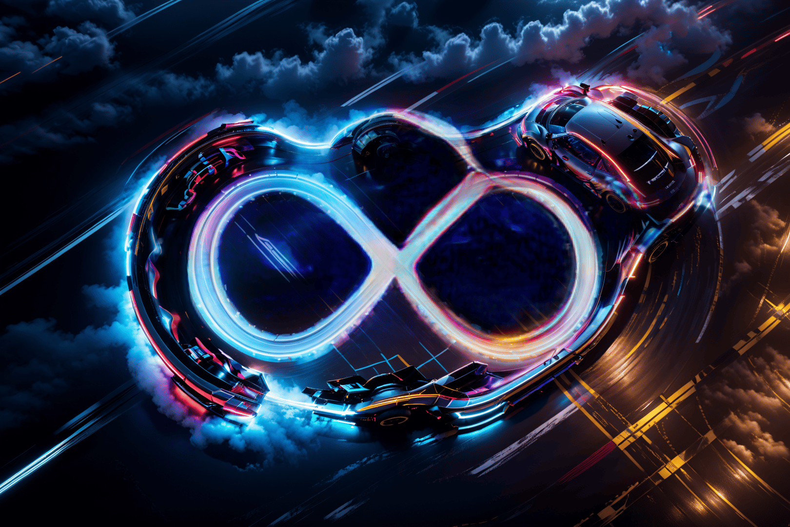 AI generated wallpaper featuring infinity symbol, sports cars, neon lights