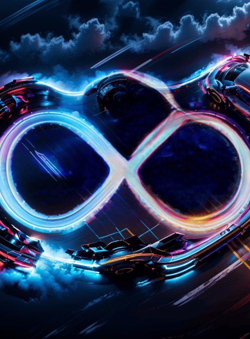 infinity symbol, sports cars, neon lights