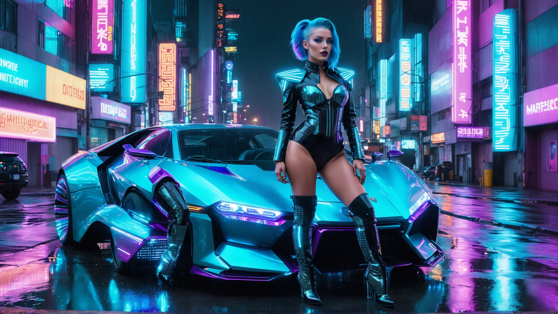AI generated wallpaper featuring cyberpunk, woman, car