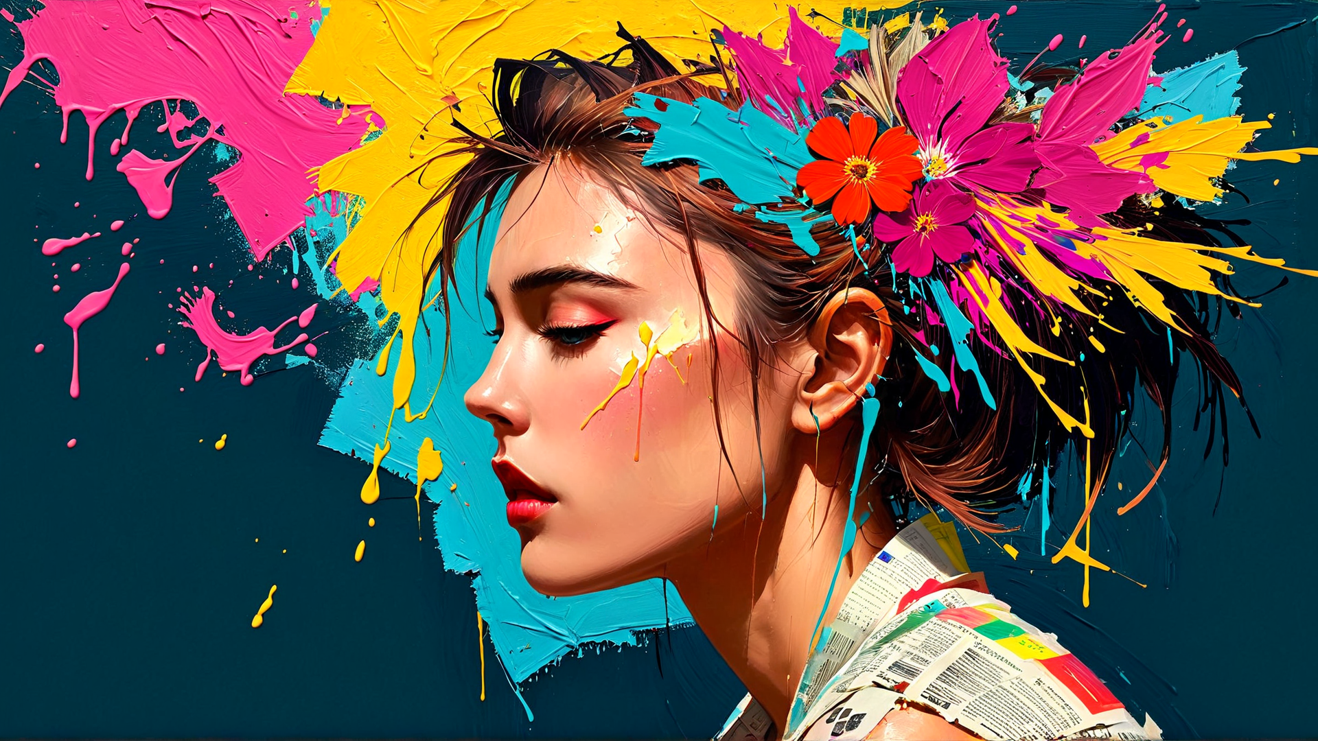 AI generated wallpaper featuring woman, flowers, paint, hair, art