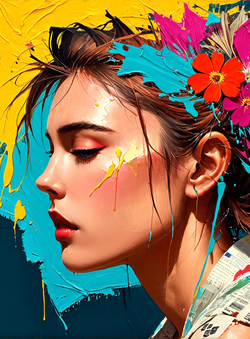woman, flowers, paint, hair, art