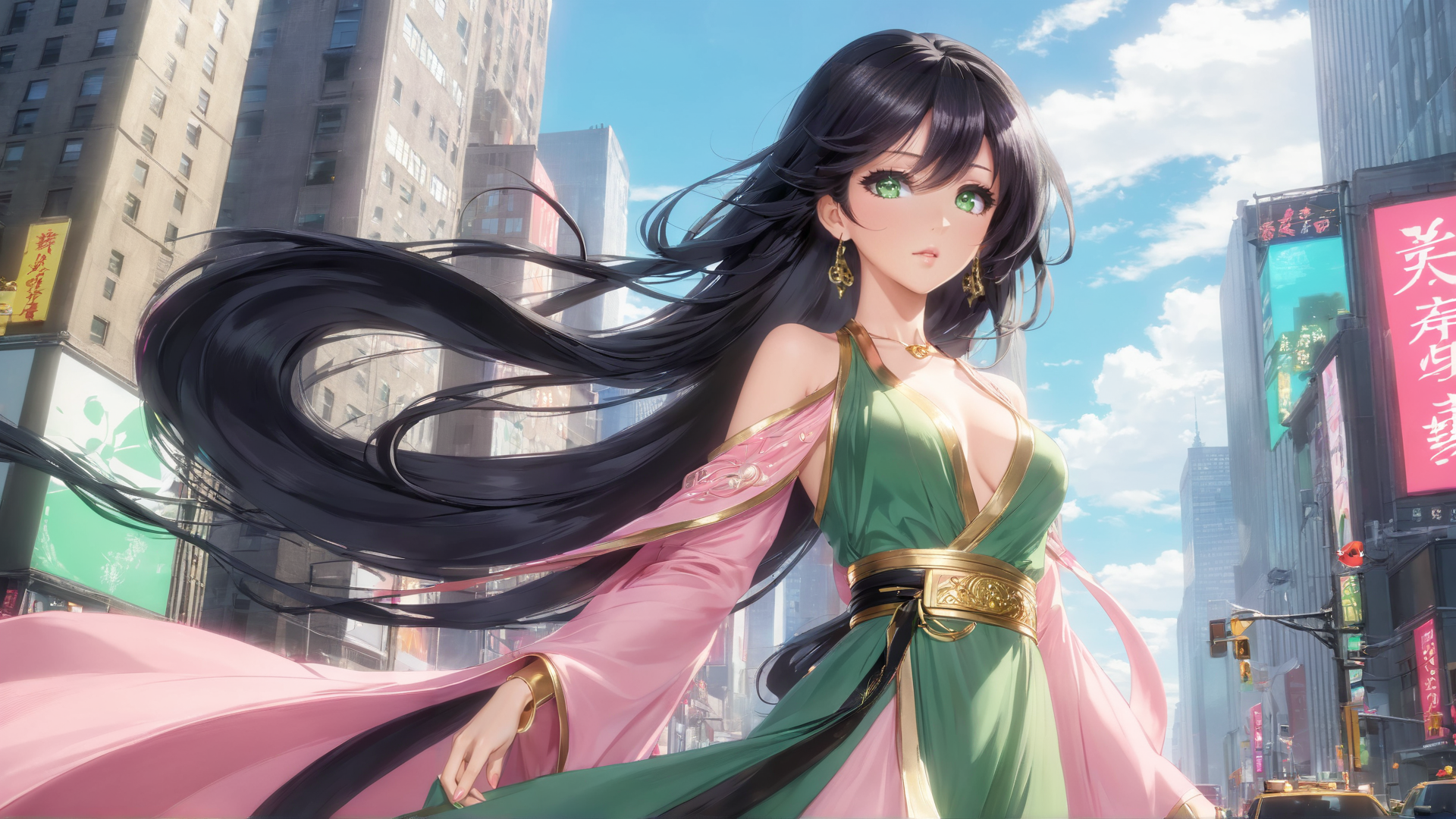 AI generated wallpaper featuring woman, anime, city