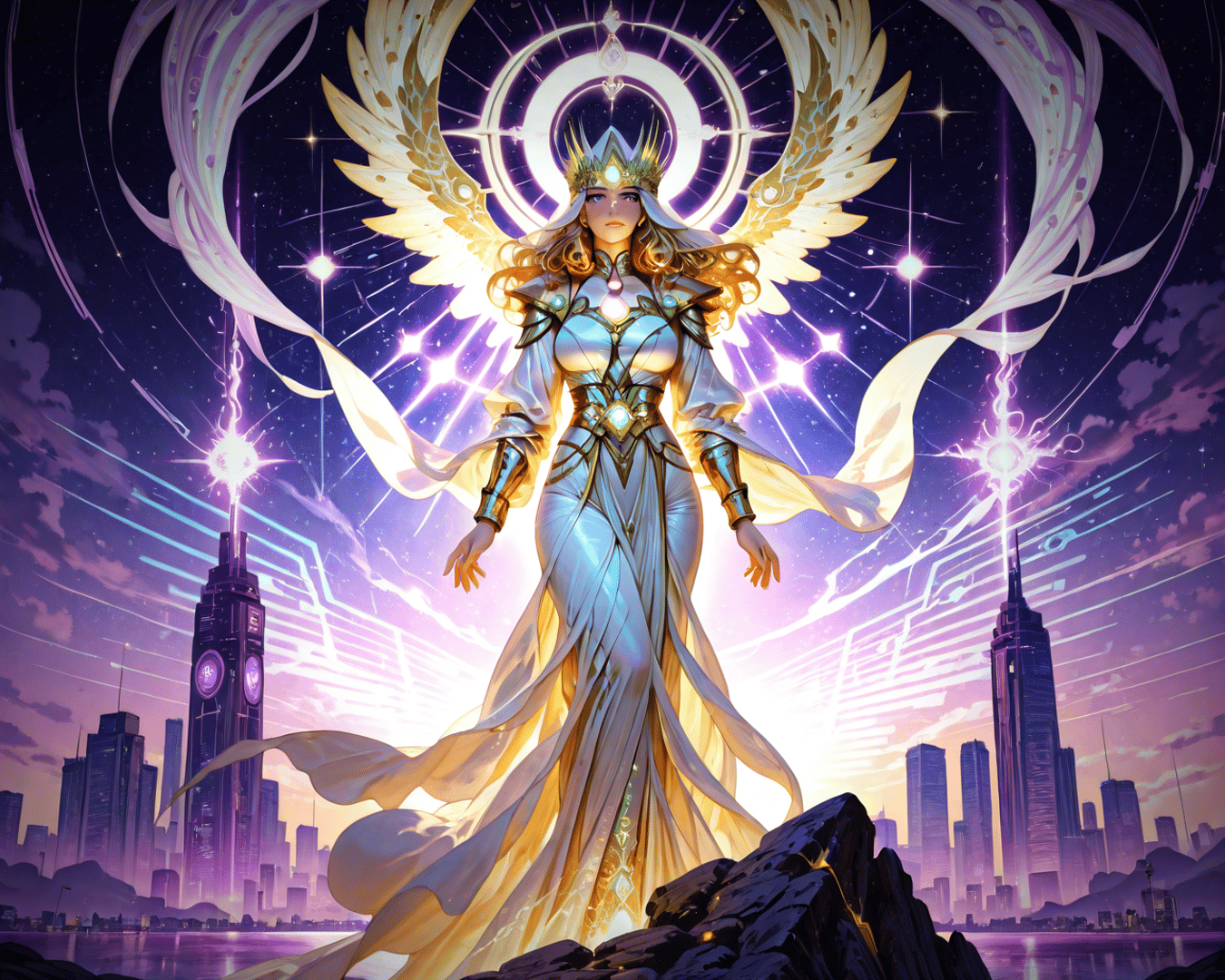 AI generated wallpaper featuring angel, queen, city