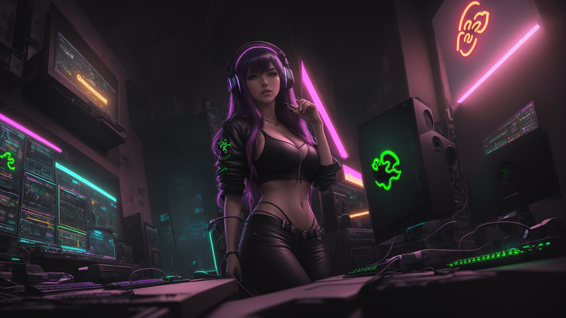 AI generated wallpaper featuring woman, gamer, headphones