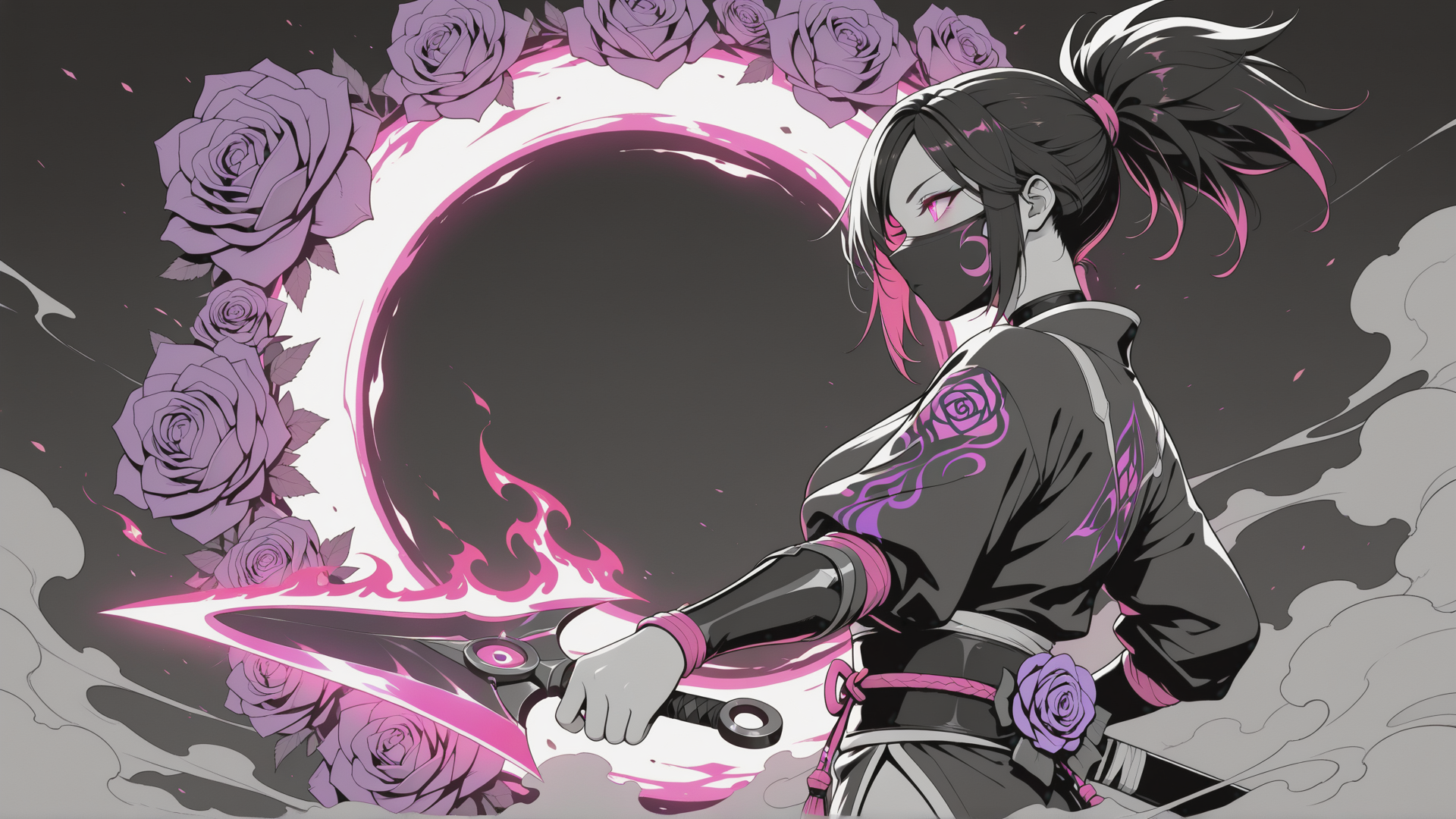 AI generated wallpaper featuring ninja, girl, rose, sword, mask, hair, cloud, flame, kunai, sash