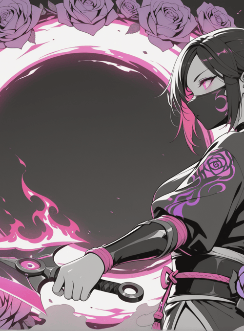 ninja, girl, rose, sword, mask, hair, cloud, flame, kunai, sash