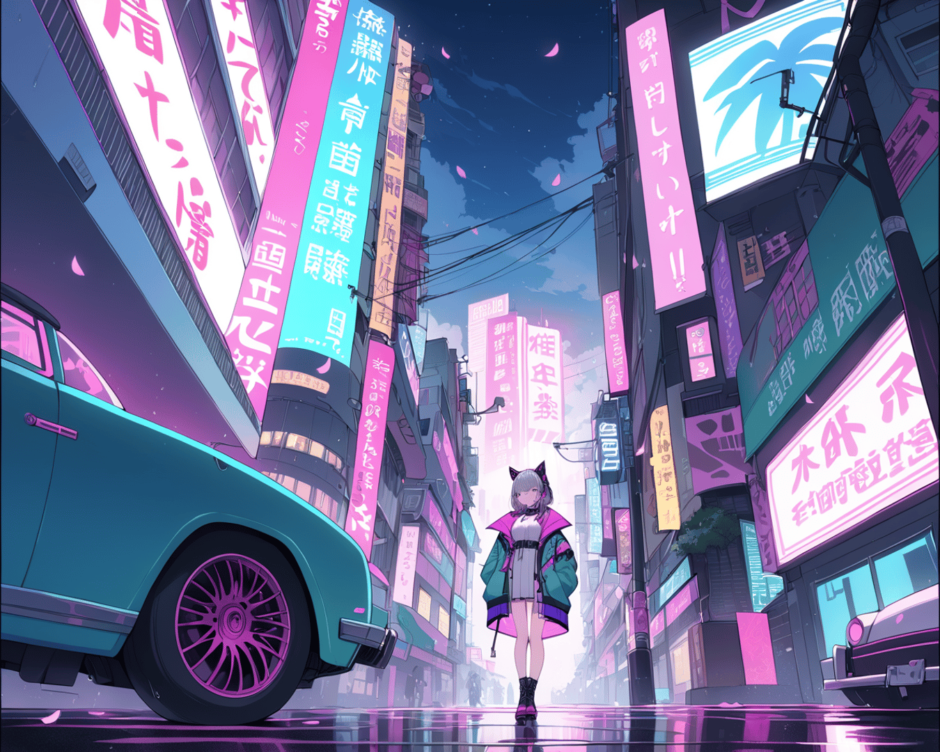 AI generated wallpaper featuring girl, car, city