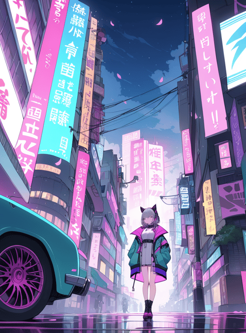 girl, car, city