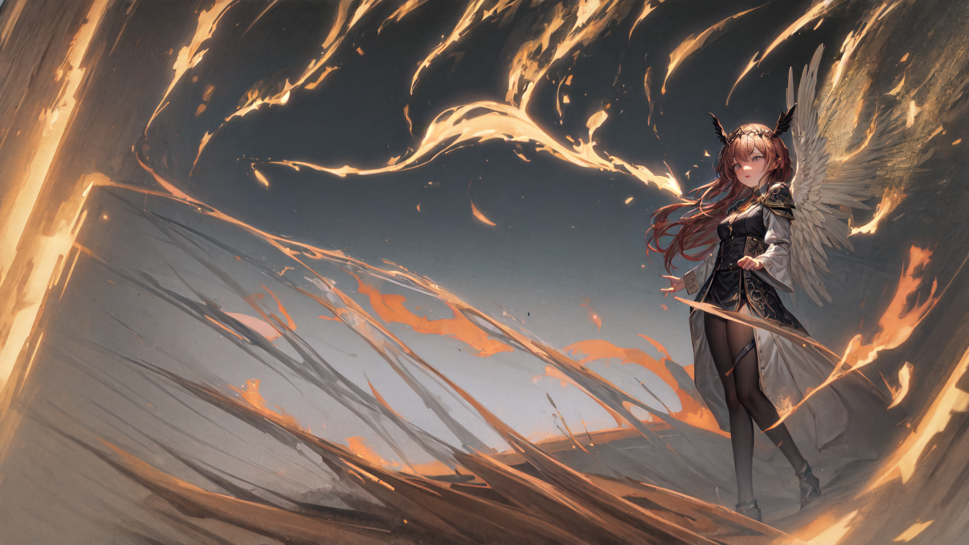 AI generated wallpaper featuring angel, anime girl, fire