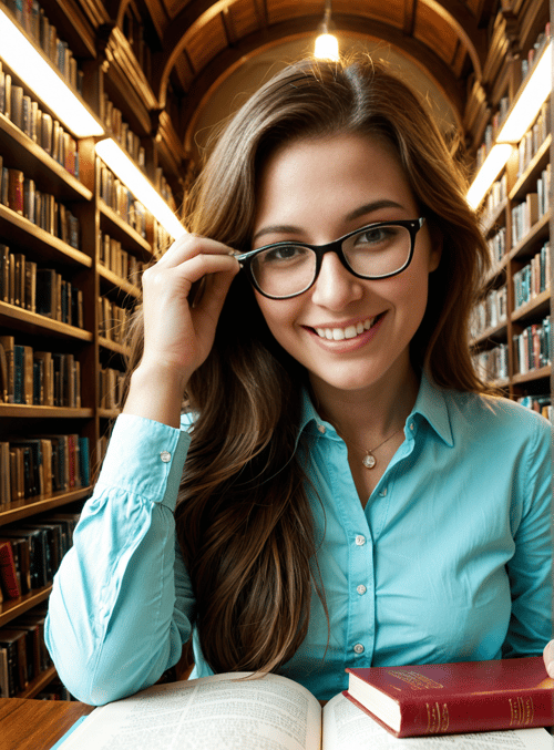 woman, library, books