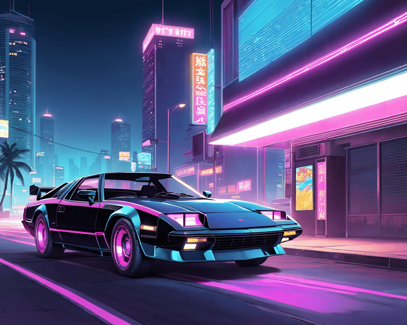 AI generated wallpaper featuring car, city, neon