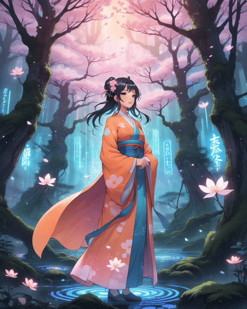 AI generated wallpaper featuring woman, cherry blossom, tree