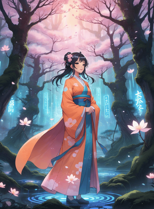 woman, cherry blossom, tree