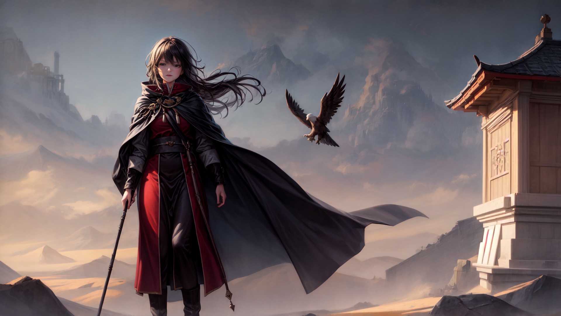 AI generated wallpaper featuring woman, eagle, temple