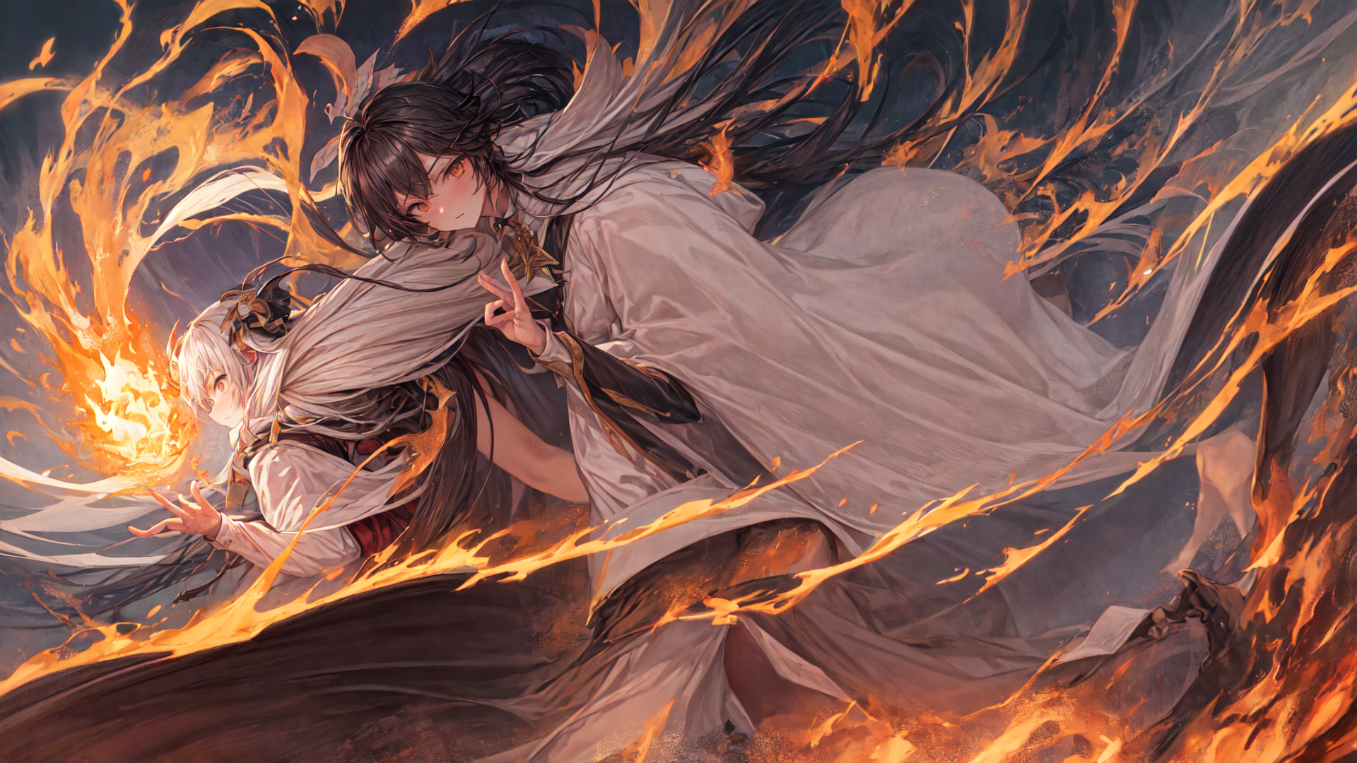 AI generated wallpaper featuring anime characters, fire