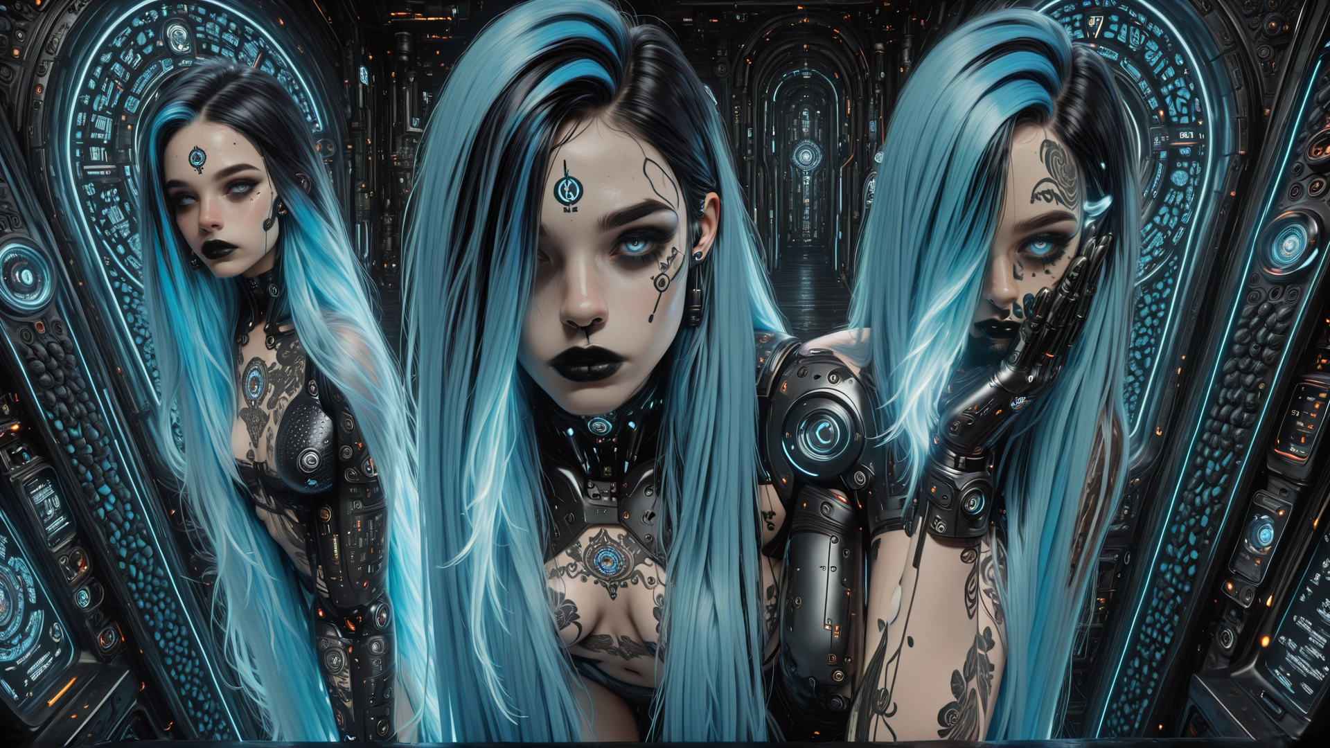 AI generated wallpaper featuring cyborg, woman, tattoo, gloved, robotic, hair, mirror