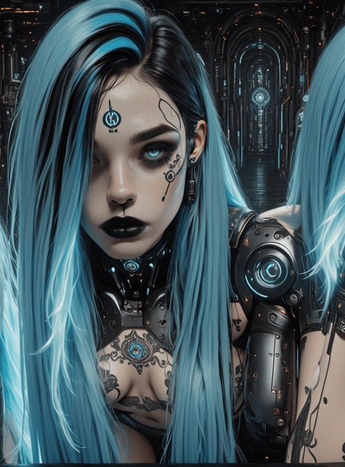 cyborg, woman, tattoo, gloved, robotic, hair, mirror