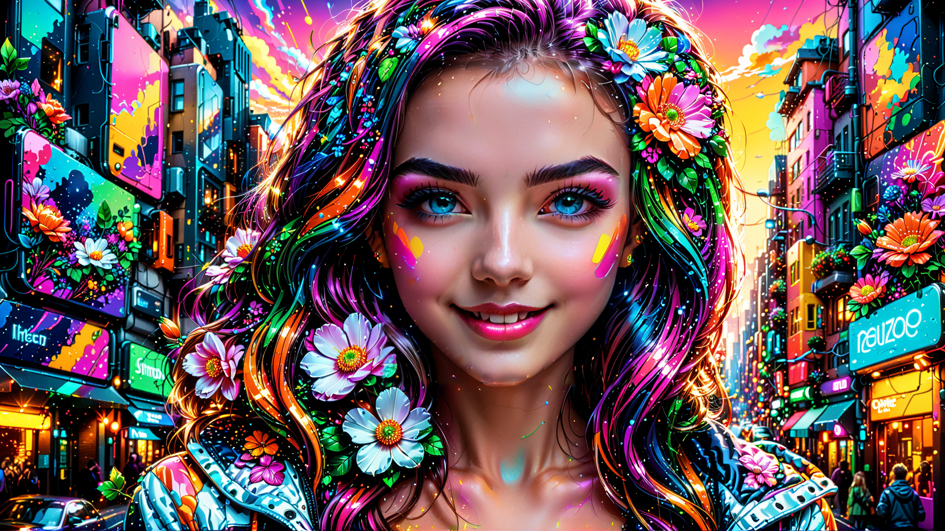 AI generated wallpaper featuring woman, flowers, city, street, buildings, sunset, neon, sunset, art, jacket