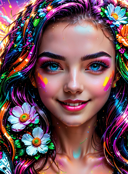 woman, flowers, city, street, buildings, sunset, neon, sunset, art, jacket