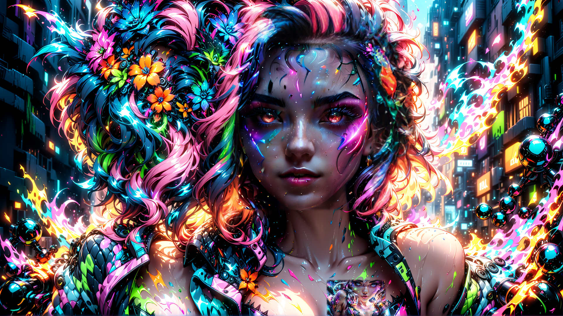 AI generated wallpaper featuring woman, cyberpunk, neon