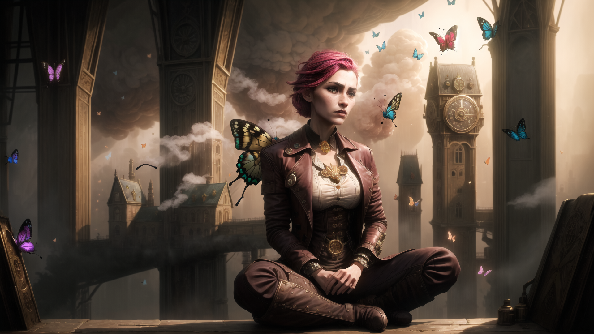 AI generated wallpaper featuring woman, butterfly, clock tower, city, steampunk
