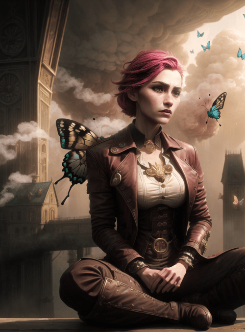 woman, butterfly, clock tower, city, steampunk