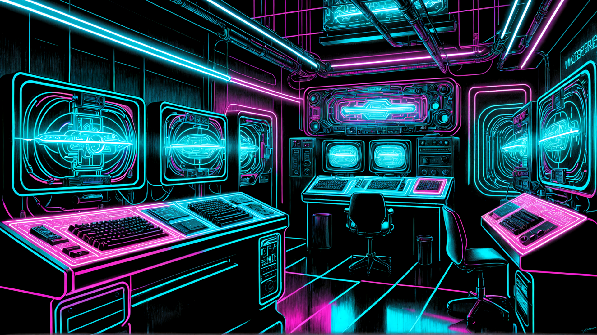 AI generated wallpaper featuring computer, desk, monitor, keyboard, chair, neon, screen, control panel, room, office