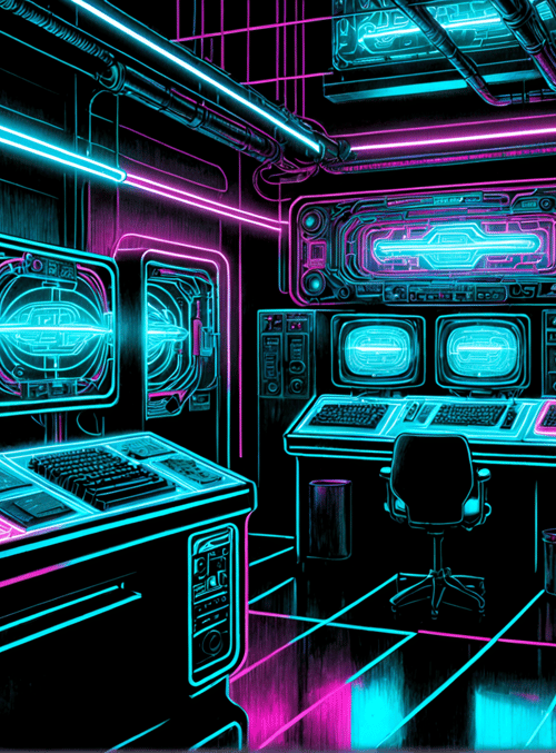computer, desk, monitor, keyboard, chair, neon, screen, control panel, room, office