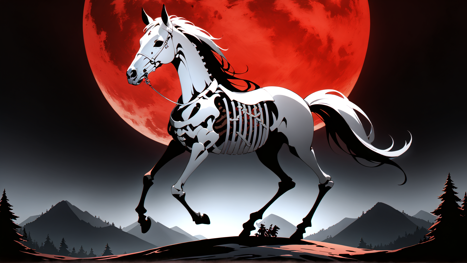AI generated wallpaper featuring skeleton horse, red moon, mountains, trees