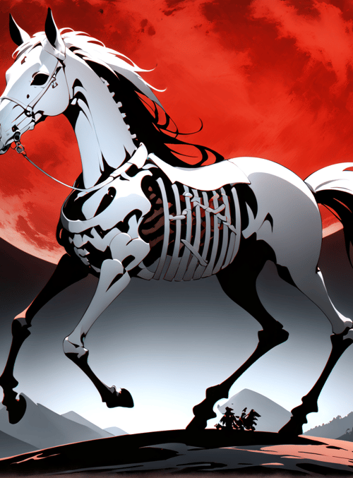 skeleton horse, red moon, mountains, trees