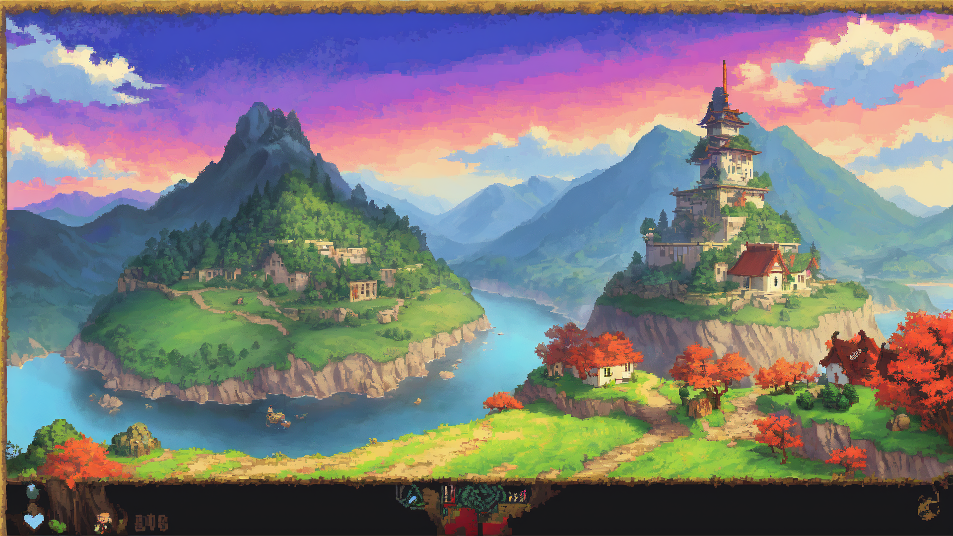 AI generated wallpaper featuring mountain, village, pagoda