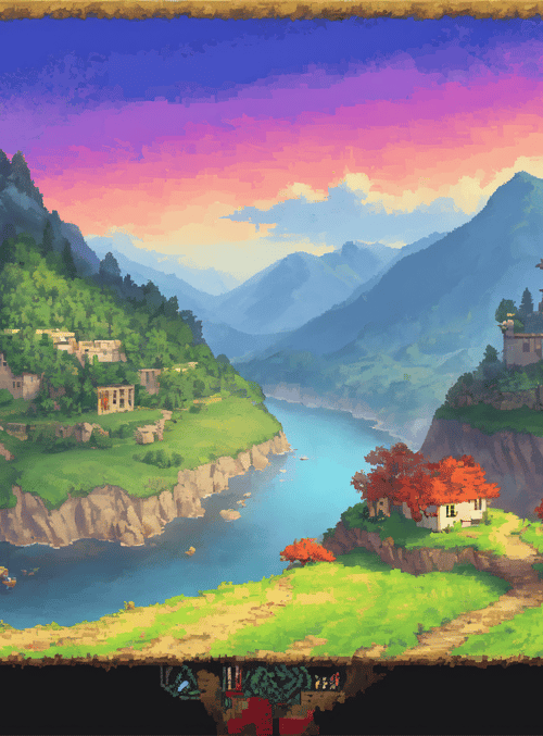 mountain, village, pagoda
