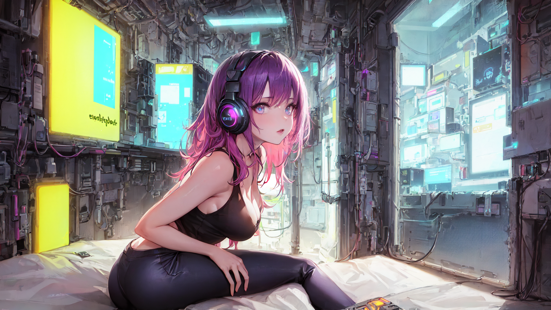 AI generated wallpaper featuring cyberpunk girl, headphones, neon