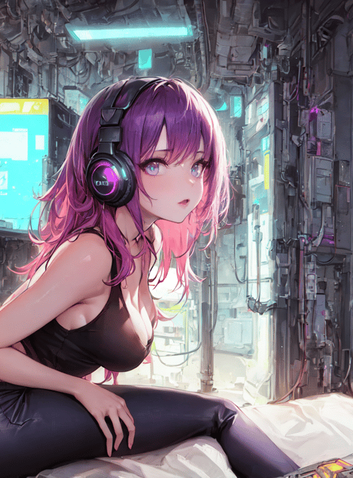 cyberpunk girl, headphones, neon