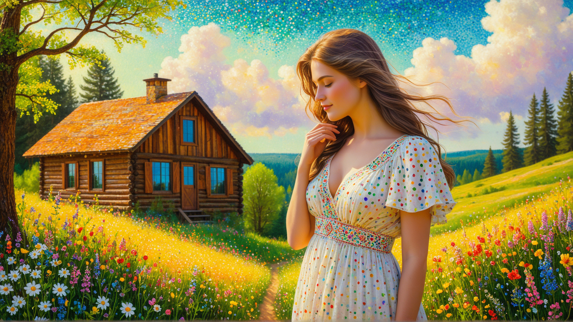 AI generated wallpaper featuring woman, house, flowers, tree, field, dress