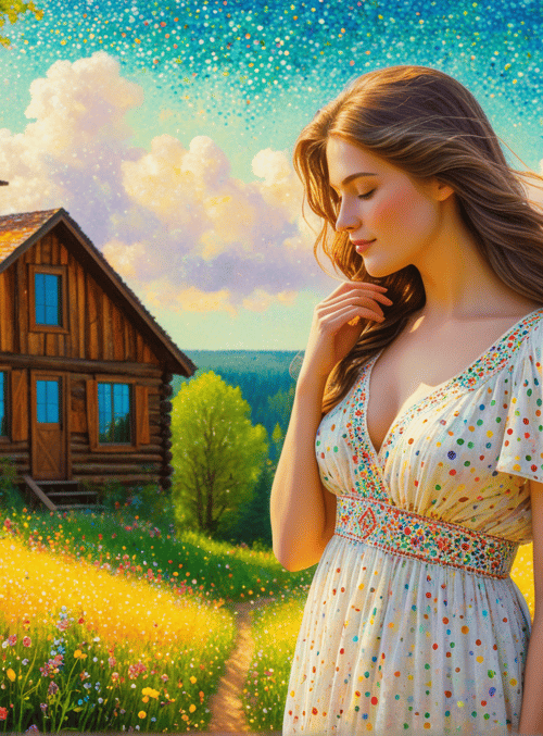 woman, house, flowers, tree, field, dress