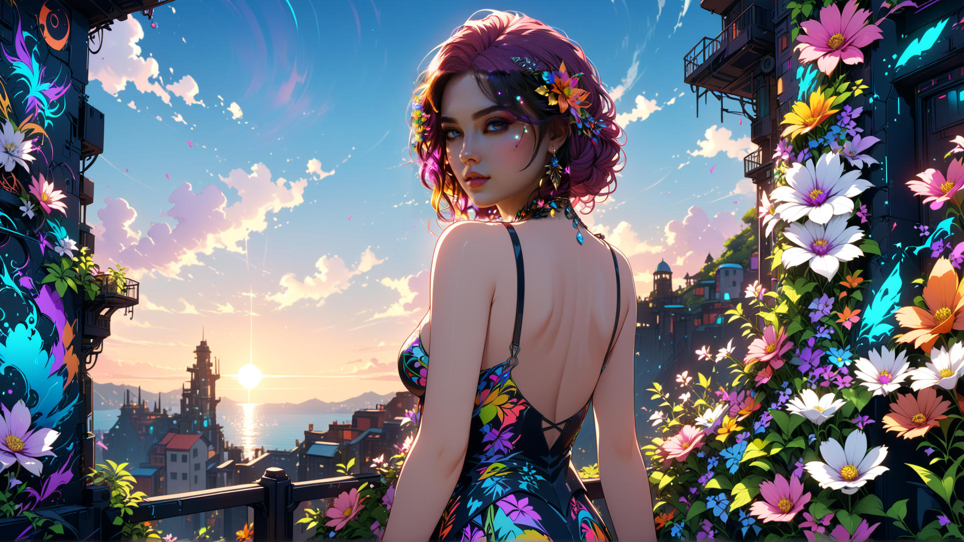 AI generated wallpaper featuring woman, flowers, cityscape