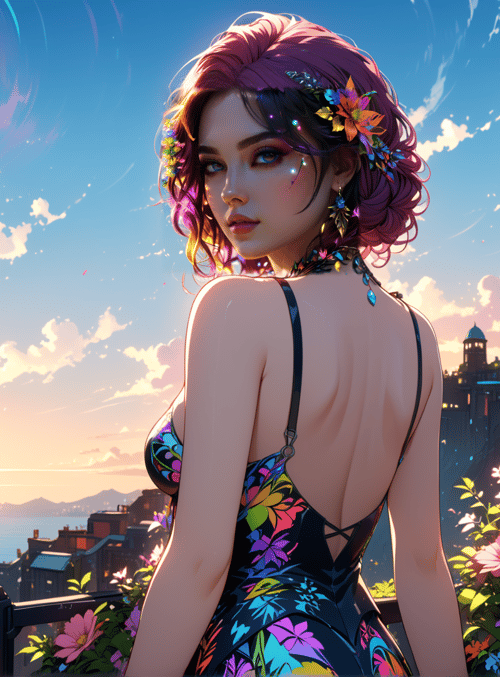 woman, flowers, cityscape