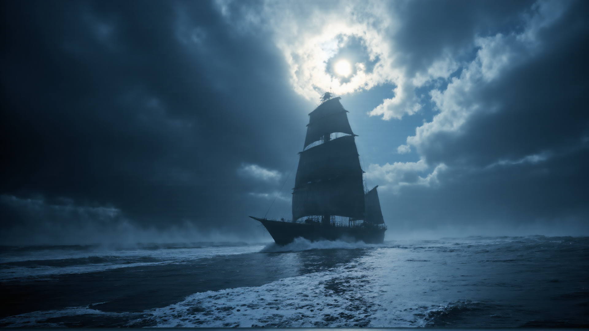 AI generated wallpaper featuring sailing ship, ocean, clouds