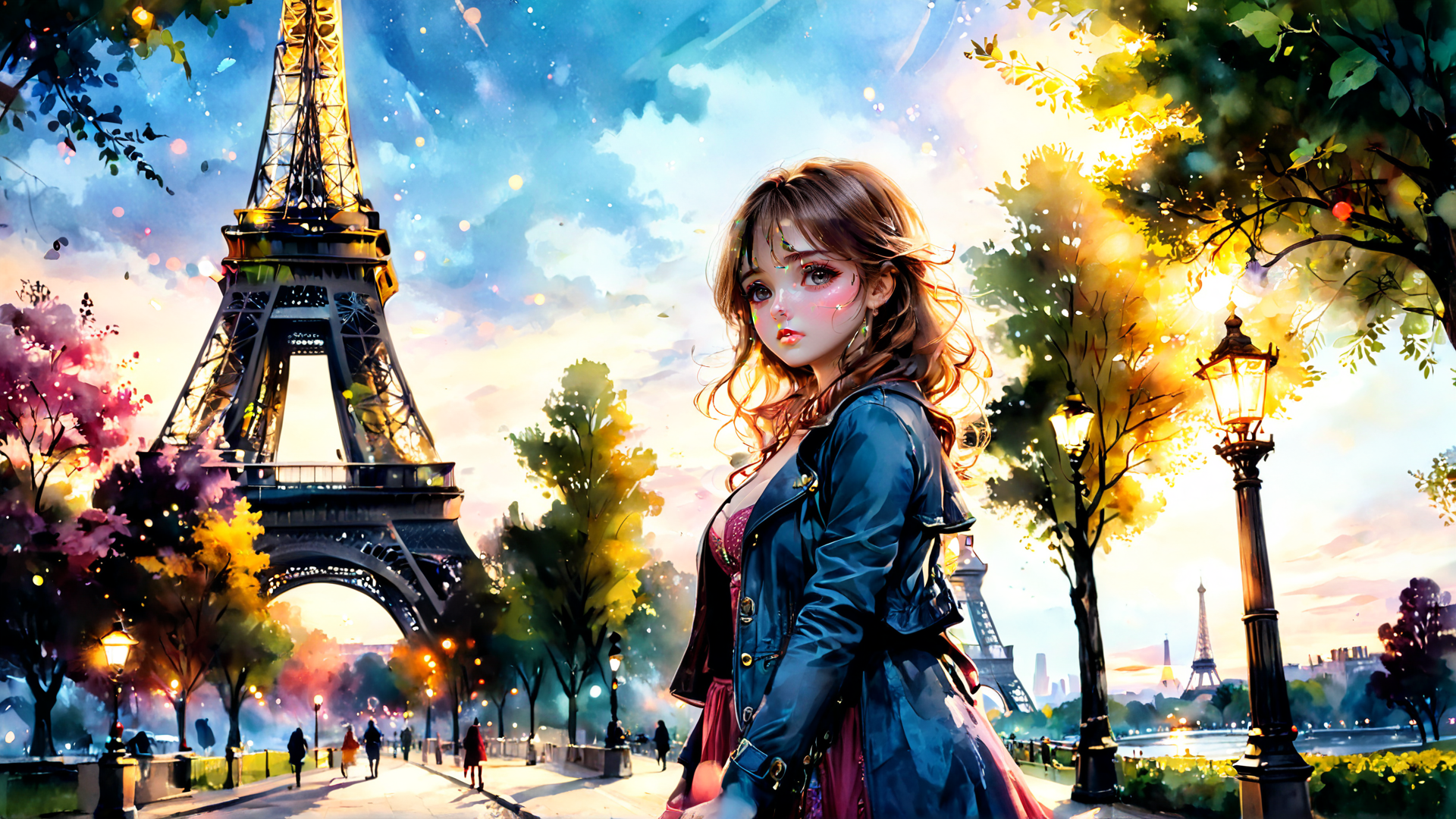 AI generated wallpaper featuring woman, eiffel tower, trees